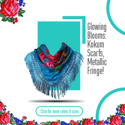 Fringed Metallic Kokum Floral Scarf