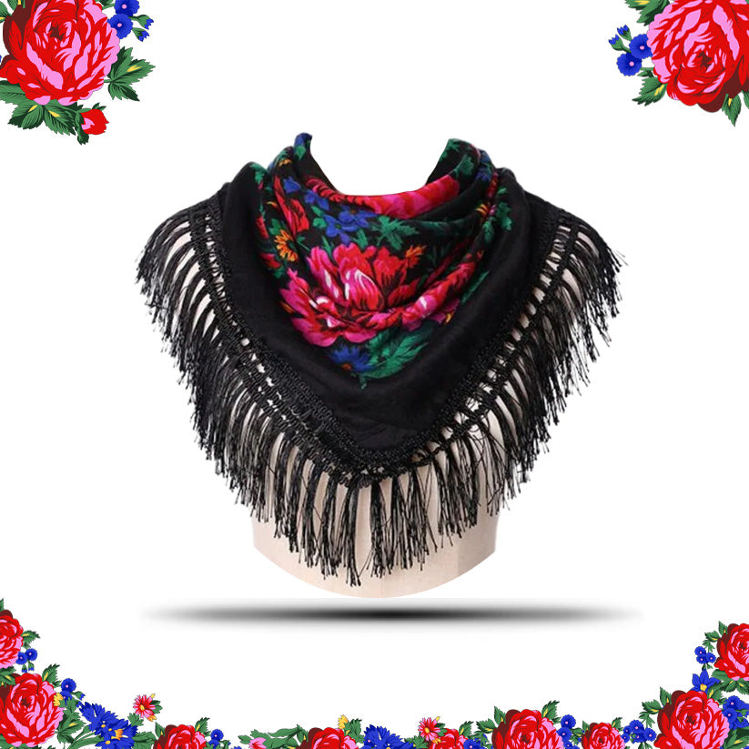 Fringed Metallic Kokum Floral Scarf