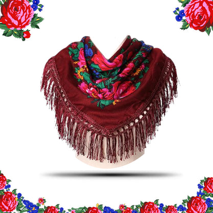 Fringed Metallic Kokum Floral Scarf