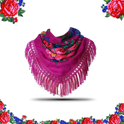 Fringed Metallic Kokum Floral Scarf